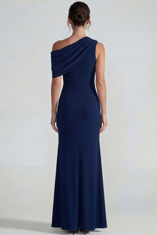 Navy One Shoulder Mermaid Formal Dress with Slit