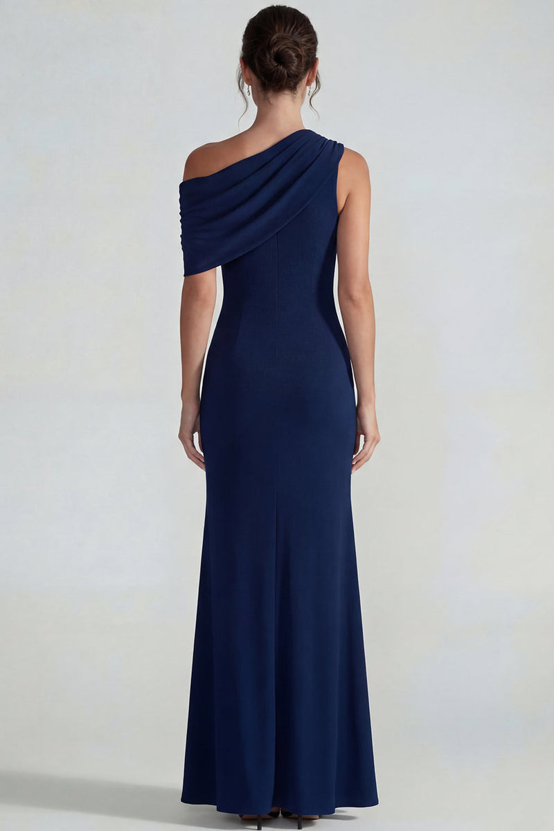 Load image into Gallery viewer, Navy One Shoulder Mermaid Formal Dress with Slit
