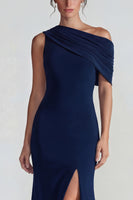 Load image into Gallery viewer, Navy One Shoulder Mermaid Formal Dress with Slit