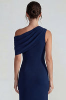 Load image into Gallery viewer, Navy One Shoulder Mermaid Formal Dress with Slit