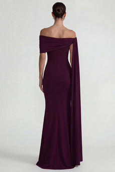 Burgundy Mermaid Off the Shoulder Long Formal Dress with Side Cape