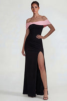 Load image into Gallery viewer, Off the Shoulder Mermaid Black Pink Long Formal Dress with Slit
