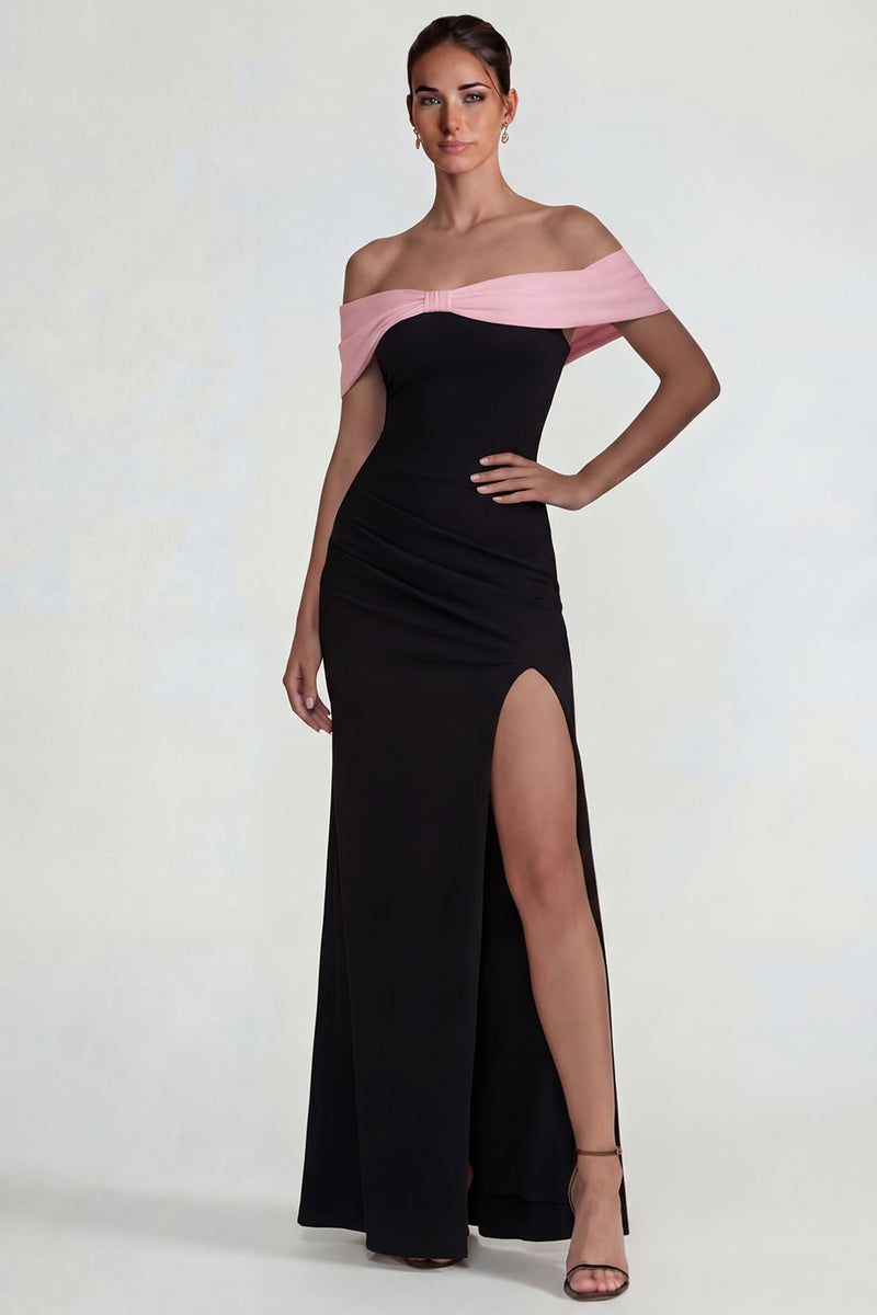 Load image into Gallery viewer, Off the Shoulder Mermaid Black Pink Long Formal Dress with Slit