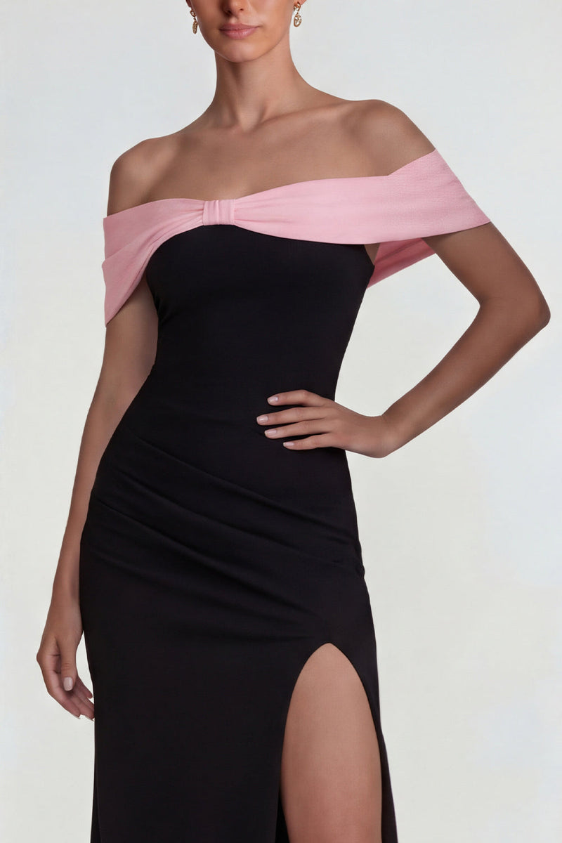 Load image into Gallery viewer, Off the Shoulder Mermaid Black Pink Long Formal Dress with Slit