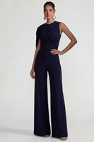 Load image into Gallery viewer, Navy Wide Leg Round Neck Formal Jumpsuits