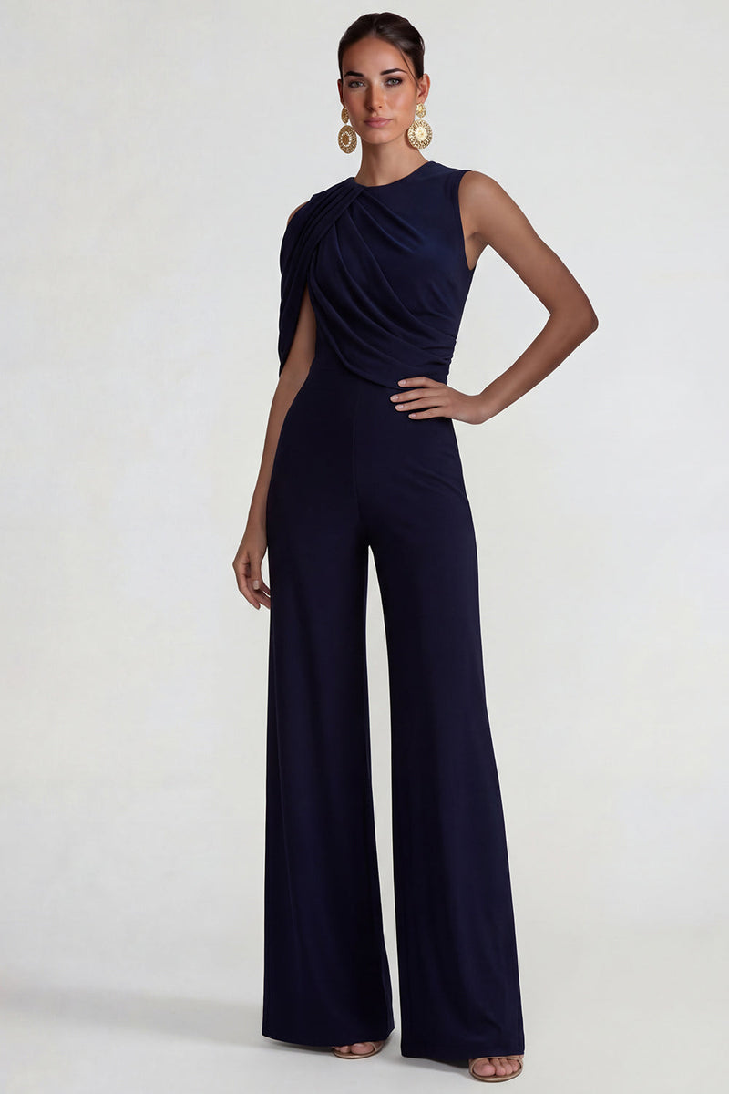 Load image into Gallery viewer, Navy Wide Leg Round Neck Formal Jumpsuits