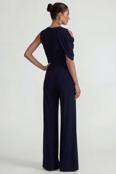 Navy Wide Leg Round Neck Formal Jumpsuits