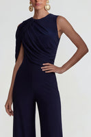 Load image into Gallery viewer, Navy Wide Leg Round Neck Formal Jumpsuits