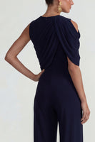 Load image into Gallery viewer, Navy Wide Leg Round Neck Formal Jumpsuits