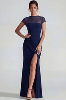 Load image into Gallery viewer, Mermaid Navy Cap Sleeves Long Formal Dress with Slit