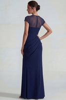 Load image into Gallery viewer, Mermaid Navy Cap Sleeves Long Formal Dress with Slit