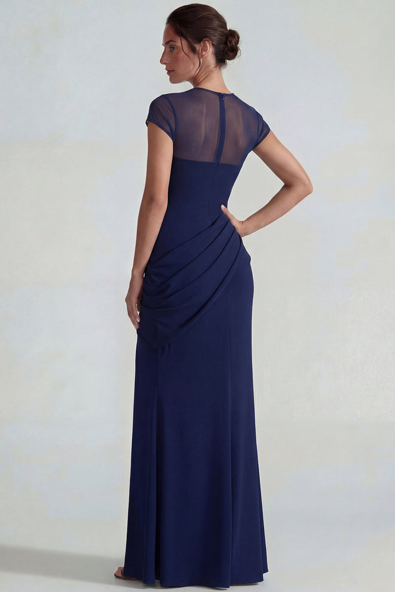 Load image into Gallery viewer, Mermaid Navy Cap Sleeves Long Formal Dress with Slit