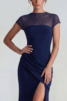 Load image into Gallery viewer, Mermaid Navy Cap Sleeves Long Formal Dress with Slit