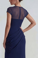 Load image into Gallery viewer, Mermaid Navy Cap Sleeves Long Formal Dress with Slit