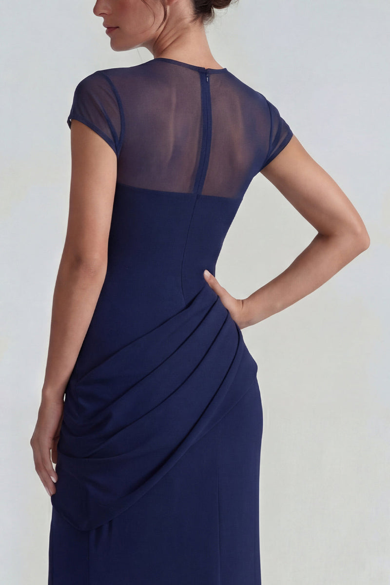 Load image into Gallery viewer, Mermaid Navy Cap Sleeves Long Formal Dress with Slit