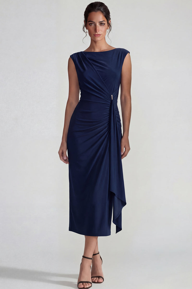 Load image into Gallery viewer, Navy Sheath Bateau Neck Maxi Formal Dress with Sash
