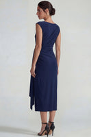 Load image into Gallery viewer, Navy Sheath Bateau Neck Maxi Formal Dress with Sash