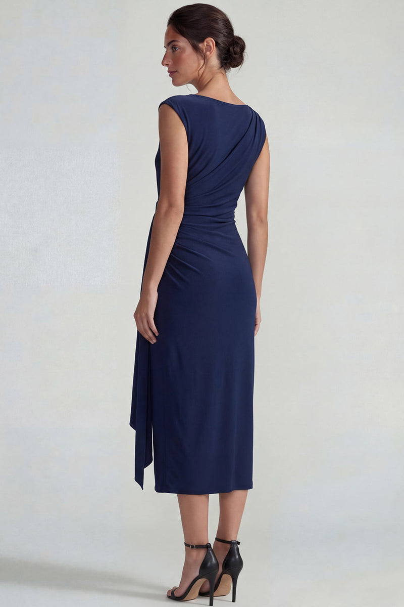 Load image into Gallery viewer, Navy Sheath Bateau Neck Maxi Formal Dress with Sash
