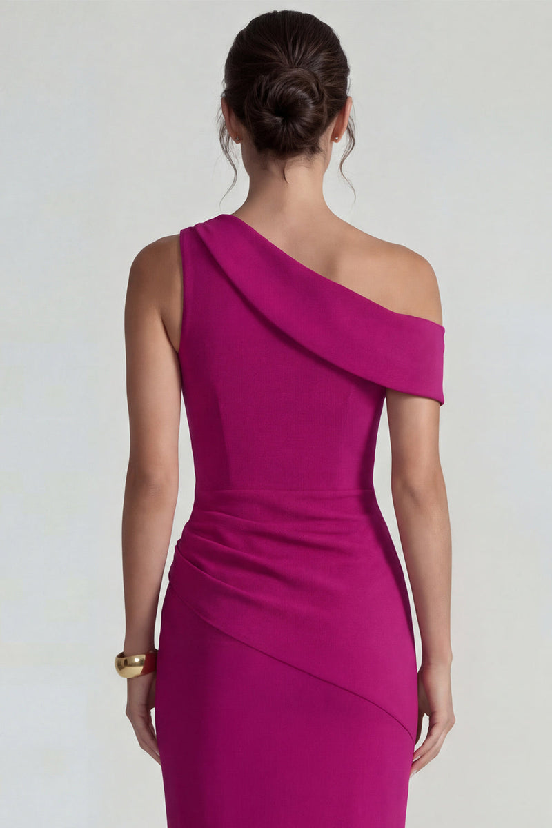 Load image into Gallery viewer, Fuchsia Bodycon One Shoulder Midi Formal Dress