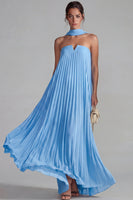 Load image into Gallery viewer, Chiffon Blue Pleated Neck Scarf Long Formal Dress