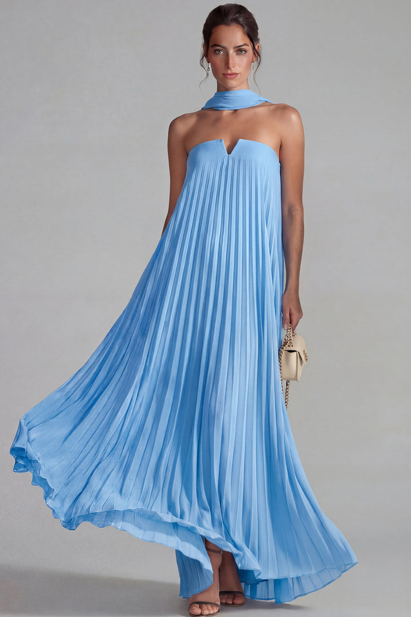 Load image into Gallery viewer, Chiffon Blue Pleated Neck Scarf Long Formal Dress