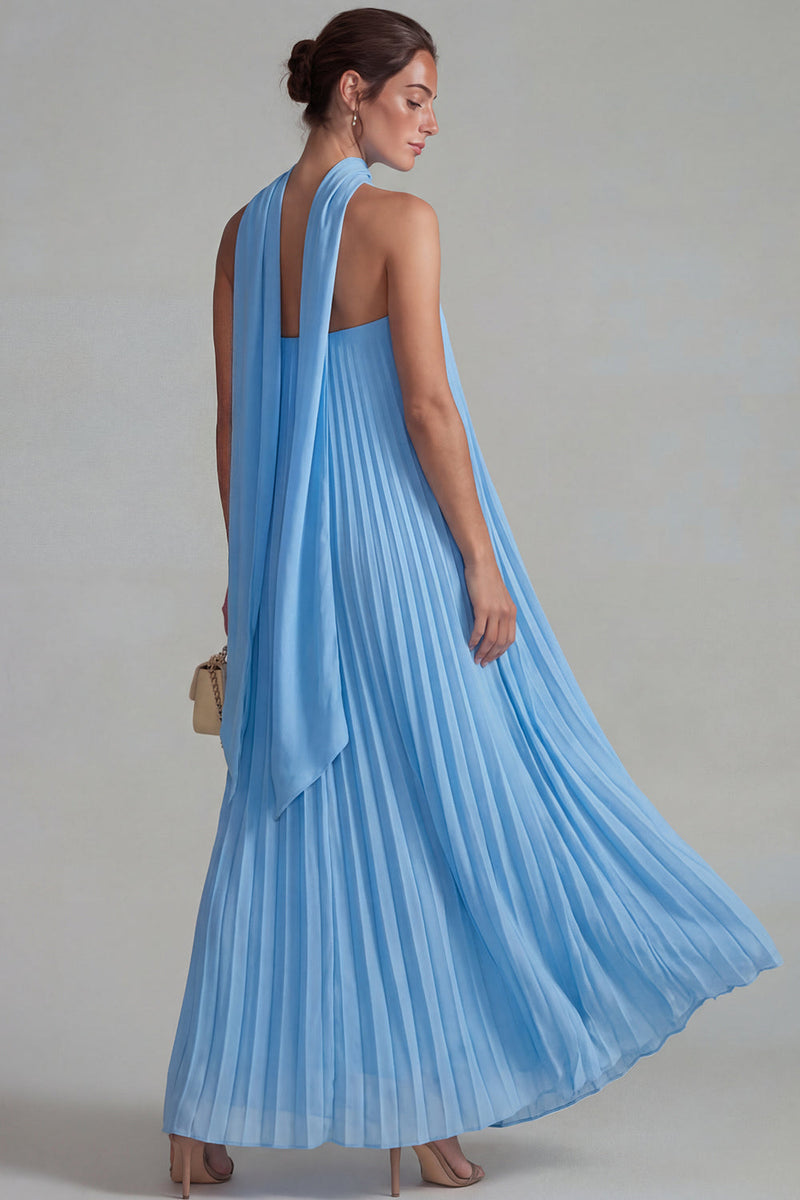 Load image into Gallery viewer, Chiffon Blue Pleated Neck Scarf Long Formal Dress
