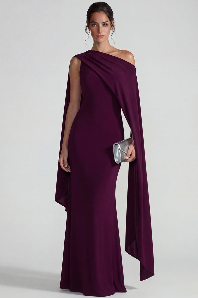 Load image into Gallery viewer, Burgundy Mermaid One Shoulder Long Formal Dress with Cape