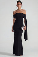 Load image into Gallery viewer, Black Off the Shoulder Mermaid Long Formal Dress with Streamer