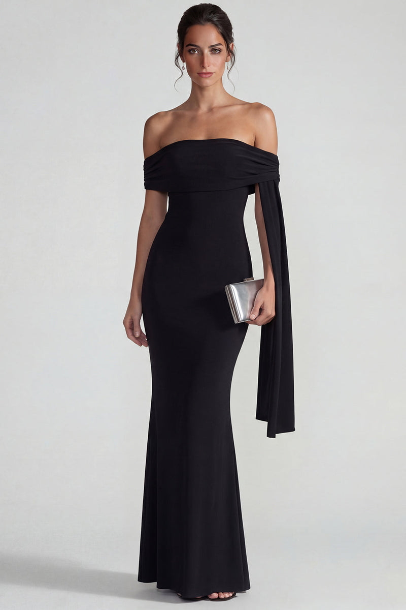 Load image into Gallery viewer, Black Off the Shoulder Mermaid Long Formal Dress with Streamer