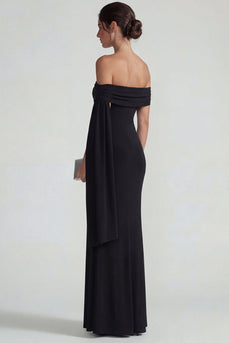 Black Off the Shoulder Mermaid Long Formal Dress with Streamer