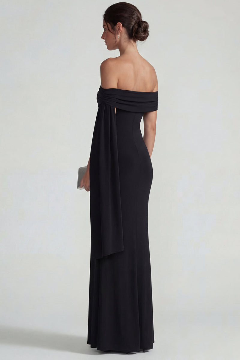 Load image into Gallery viewer, Black Off the Shoulder Mermaid Long Formal Dress with Streamer