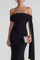 Load image into Gallery viewer, Black Off the Shoulder Mermaid Long Formal Dress with Streamer