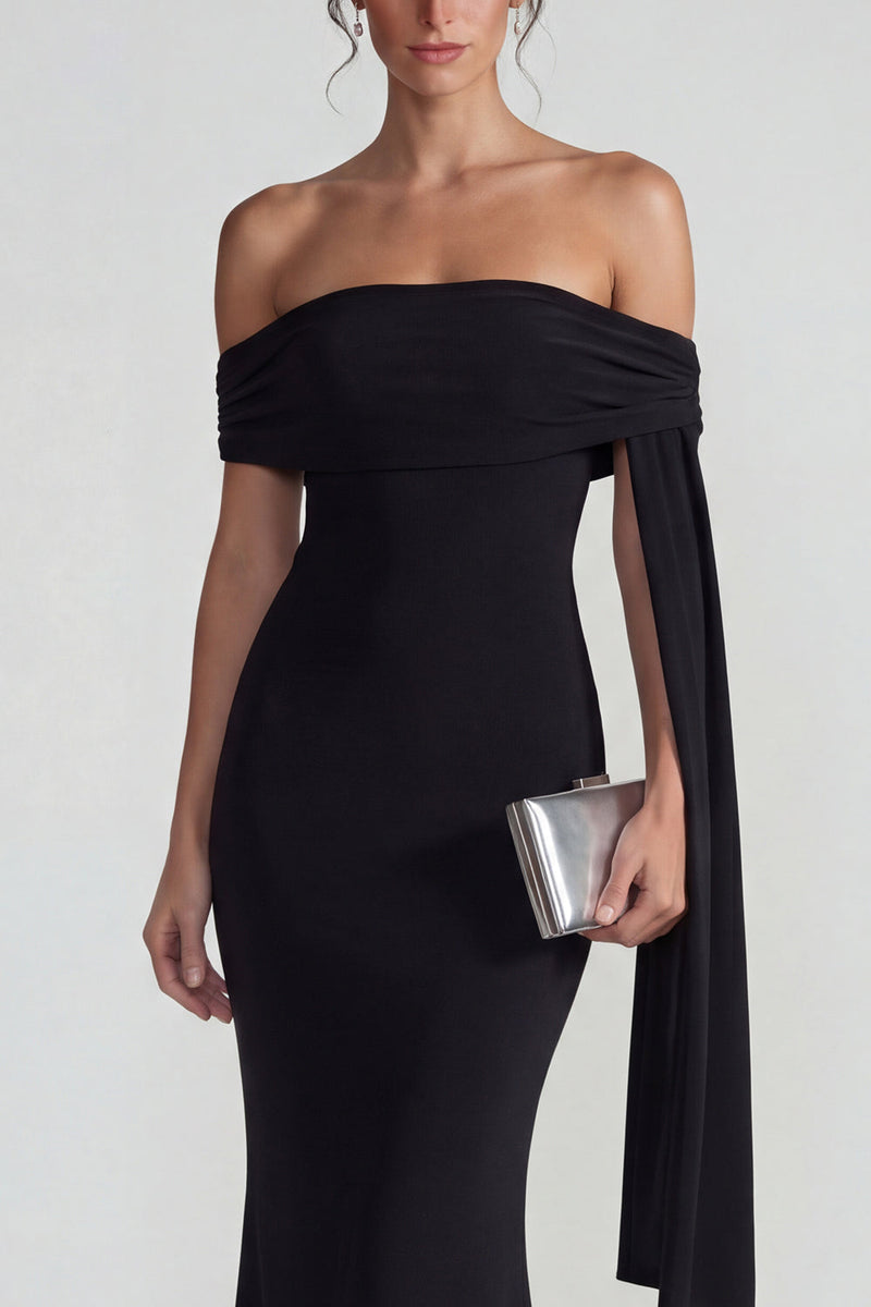 Load image into Gallery viewer, Black Off the Shoulder Mermaid Long Formal Dress with Streamer