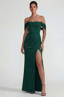 Load image into Gallery viewer, Dark Green Sheath Off the Shoulder Long Formal Dress with Slit