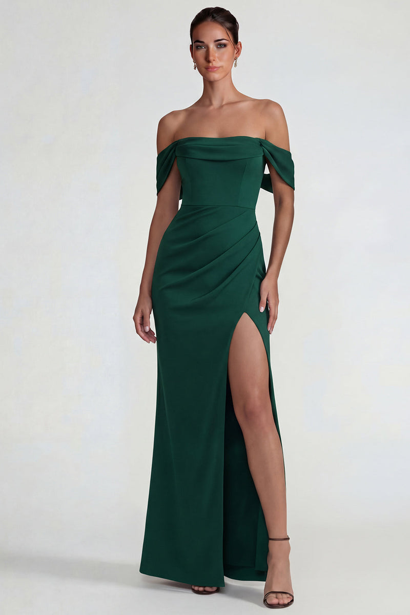 Load image into Gallery viewer, Dark Green Sheath Off the Shoulder Long Formal Dress with Slit