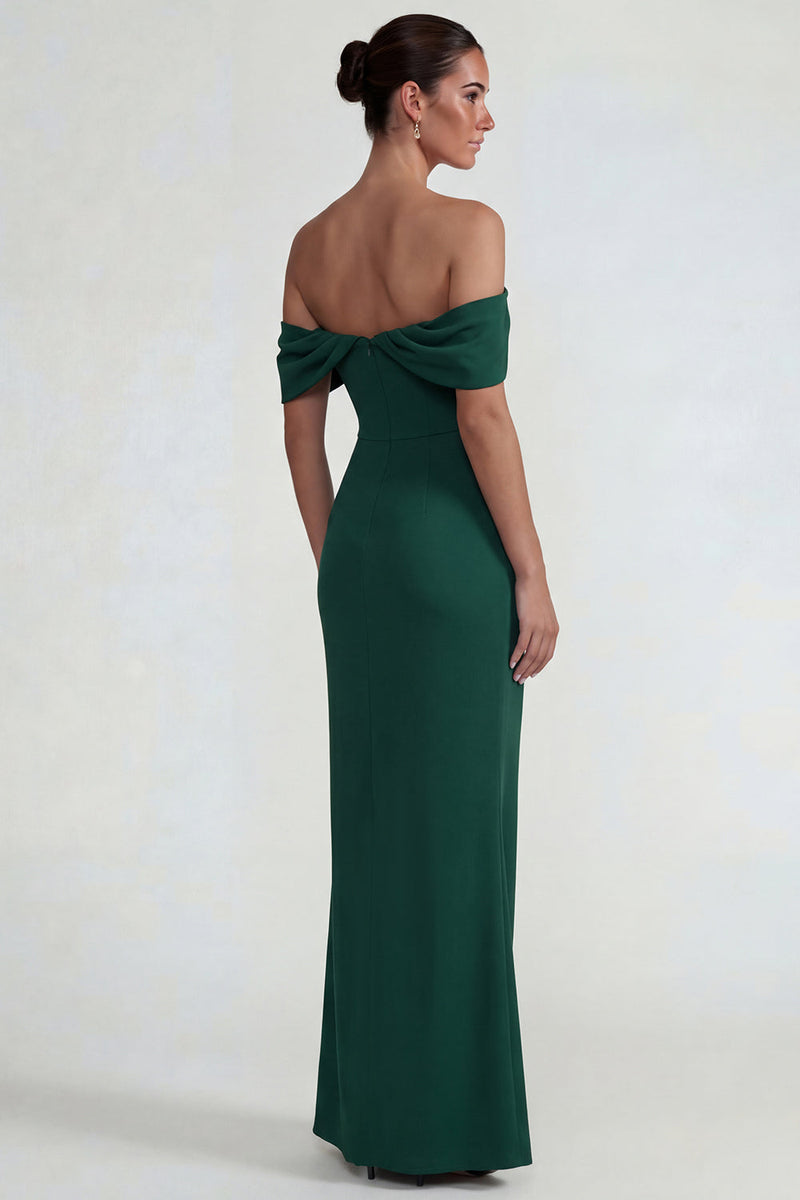 Load image into Gallery viewer, Dark Green Sheath Off the Shoulder Long Formal Dress with Slit