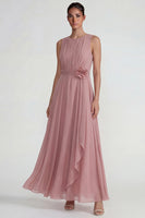 Load image into Gallery viewer, Blush Ruffled Chiffon A Line Long Formal Dress with 3D Flower