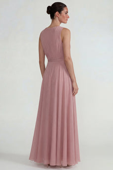 Blush Ruffled Chiffon A Line Long Formal Dress with 3D Flower