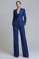 Load image into Gallery viewer, 2 Piece Dark Blue Wide Leg Single Breasted Notched Lapel Business Suits