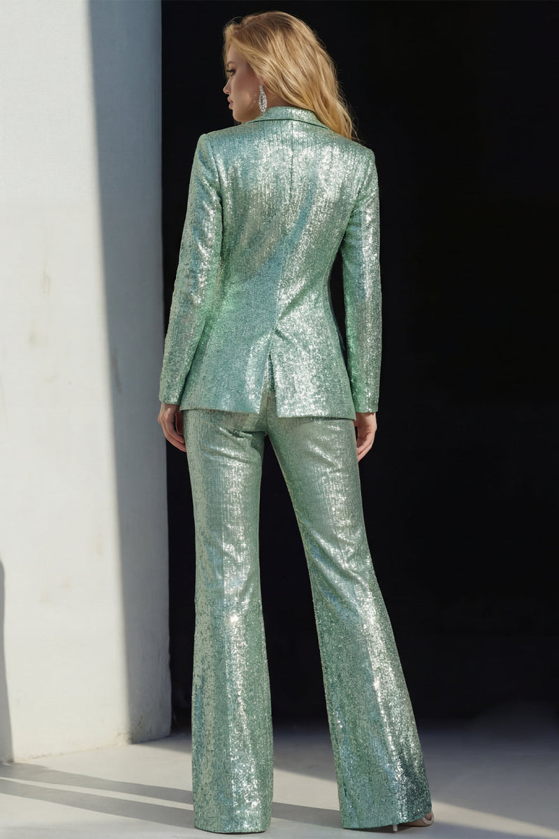 Load image into Gallery viewer, Sparkly Green 2 Piece Sequins Peak Lapel Prom Suits