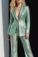 Load image into Gallery viewer, Sparkly Green 2 Piece Sequins Peak Lapel Prom Suits