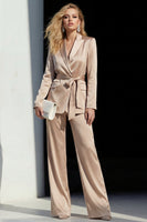 Load image into Gallery viewer, 2 Piece Champagne Wide Leg Satin Peak Lapel Business Suits with Sash