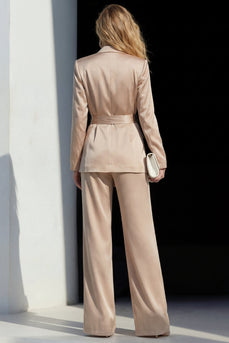 2 Piece Champagne Wide Leg Satin Peak Lapel Business Suits with Sash