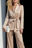 Load image into Gallery viewer, 2 Piece Champagne Wide Leg Satin Peak Lapel Business Suits with Sash