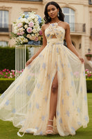 Load image into Gallery viewer, Yellow A-Line Floral Spaghetti Straps Long Prom Dress with Slit