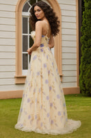 Load image into Gallery viewer, Yellow A-Line Floral Spaghetti Straps Long Prom Dress with Slit