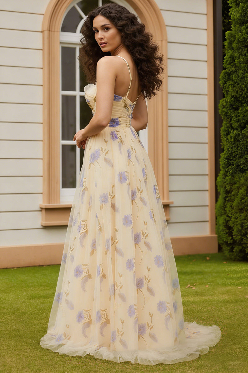 Load image into Gallery viewer, Yellow A-Line Floral Spaghetti Straps Long Prom Dress with Slit