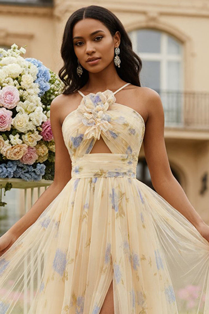 Load image into Gallery viewer, Yellow A-Line Floral Spaghetti Straps Long Prom Dress with Slit