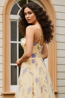 Load image into Gallery viewer, Yellow A-Line Floral Spaghetti Straps Long Prom Dress with Slit