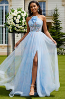 Load image into Gallery viewer, Floral Light Blue Tulle A-Line Long Corset Prom Dress with Slit